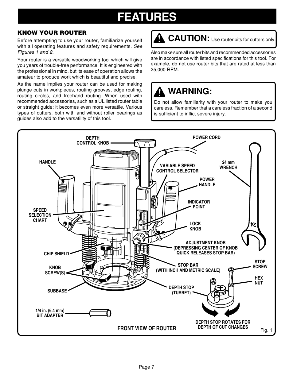 Features, Caution, Warning | Ryobi RE601 User Manual | Page 7 / 24