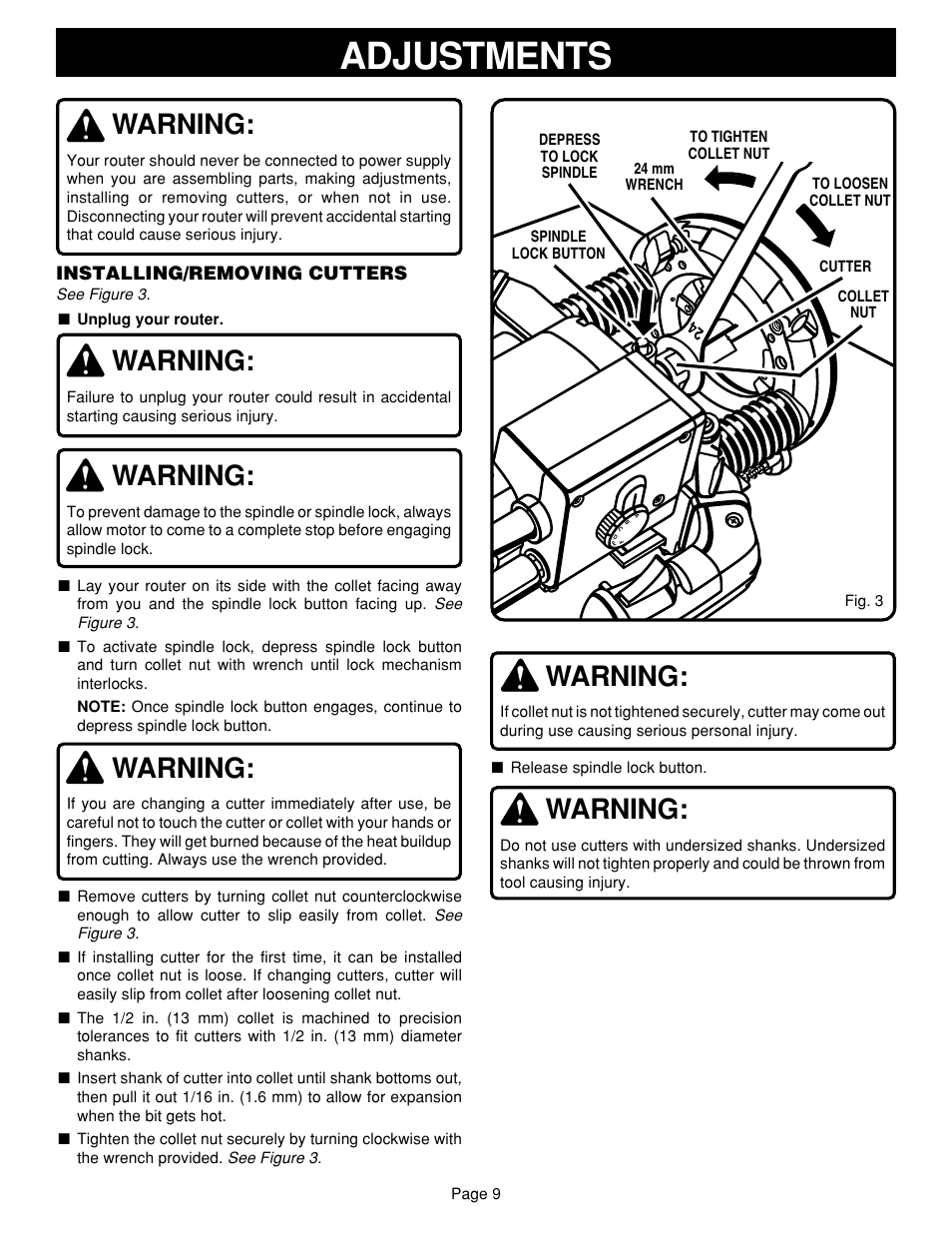 Adjustments, Warning | Ryobi RE601 User Manual | Page 9 / 24