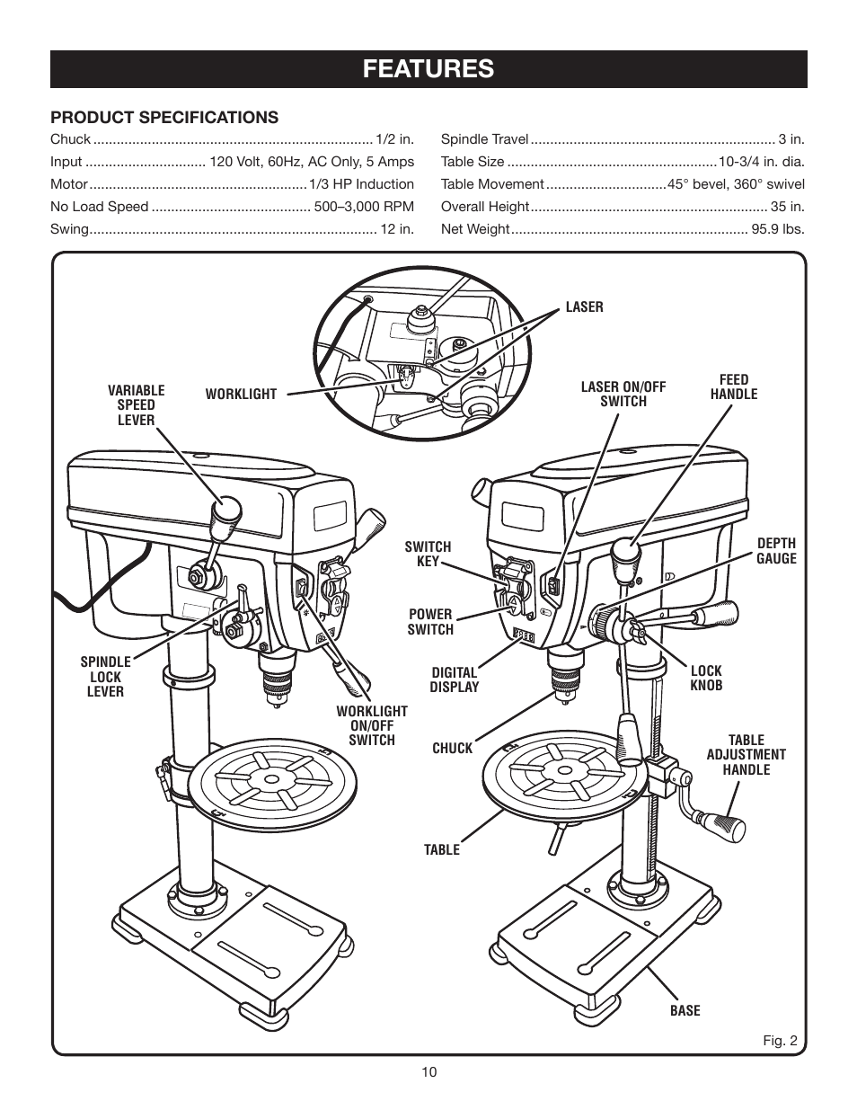 Features | Ryobi DP121L User Manual | Page 10 / 24