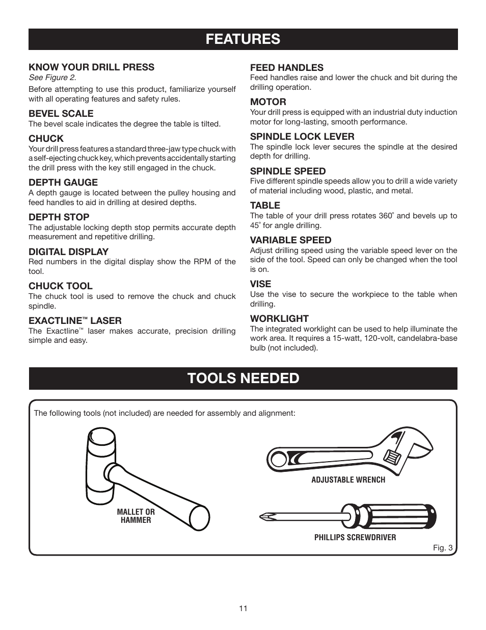 Features, Tools needed | Ryobi DP121L User Manual | Page 11 / 24