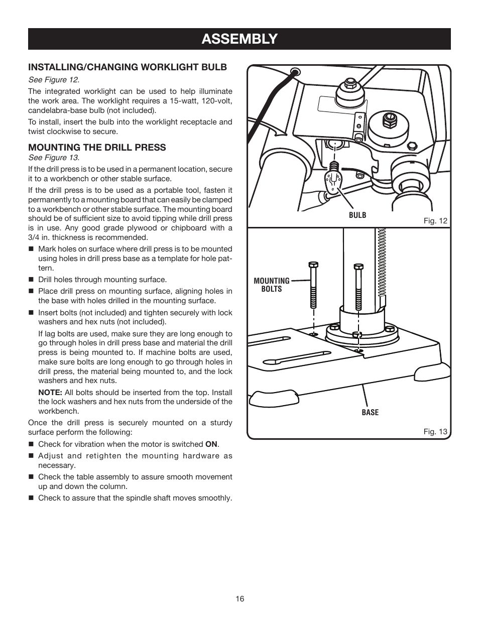 Assembly | Ryobi DP121L User Manual | Page 16 / 24