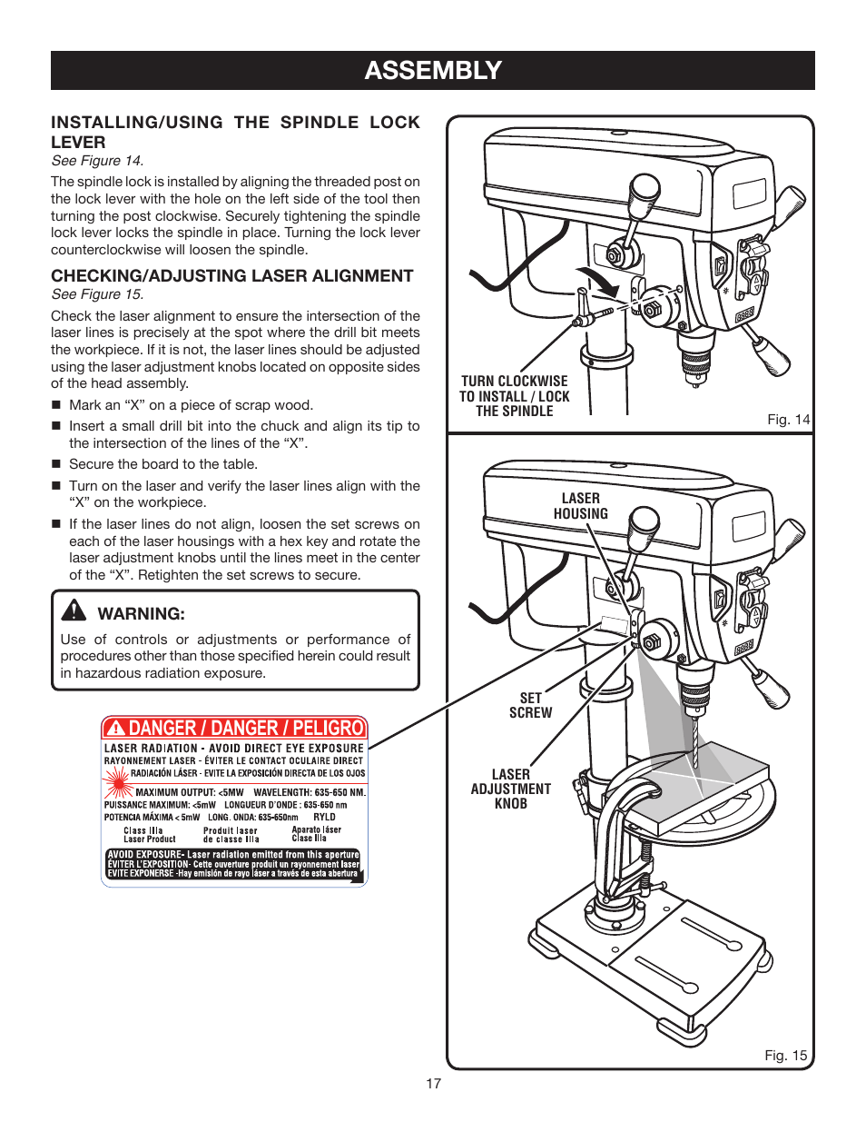 Assembly, Danger / danger / peligro | Ryobi DP121L User Manual | Page 17 / 24