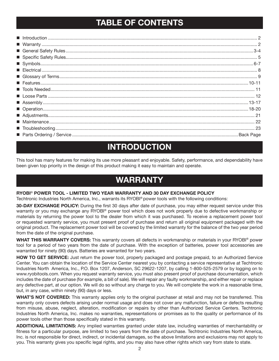 Table of contents introduction, Warranty | Ryobi DP121L User Manual | Page 2 / 24