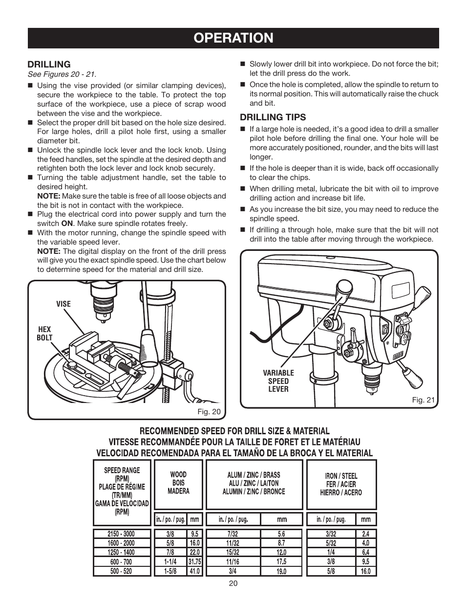 Operation | Ryobi DP121L User Manual | Page 20 / 24
