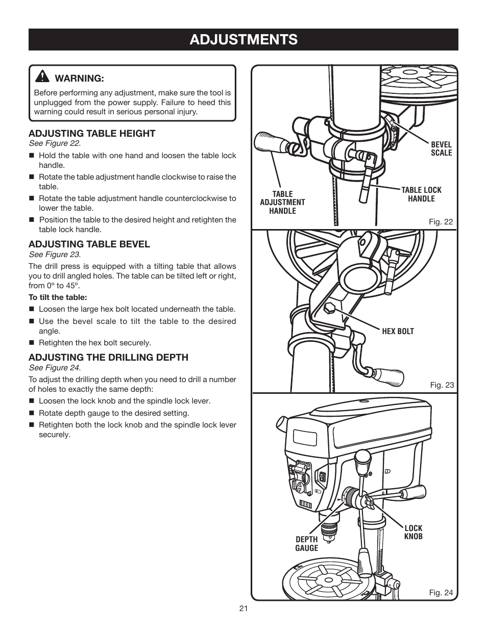 Adjustments | Ryobi DP121L User Manual | Page 21 / 24