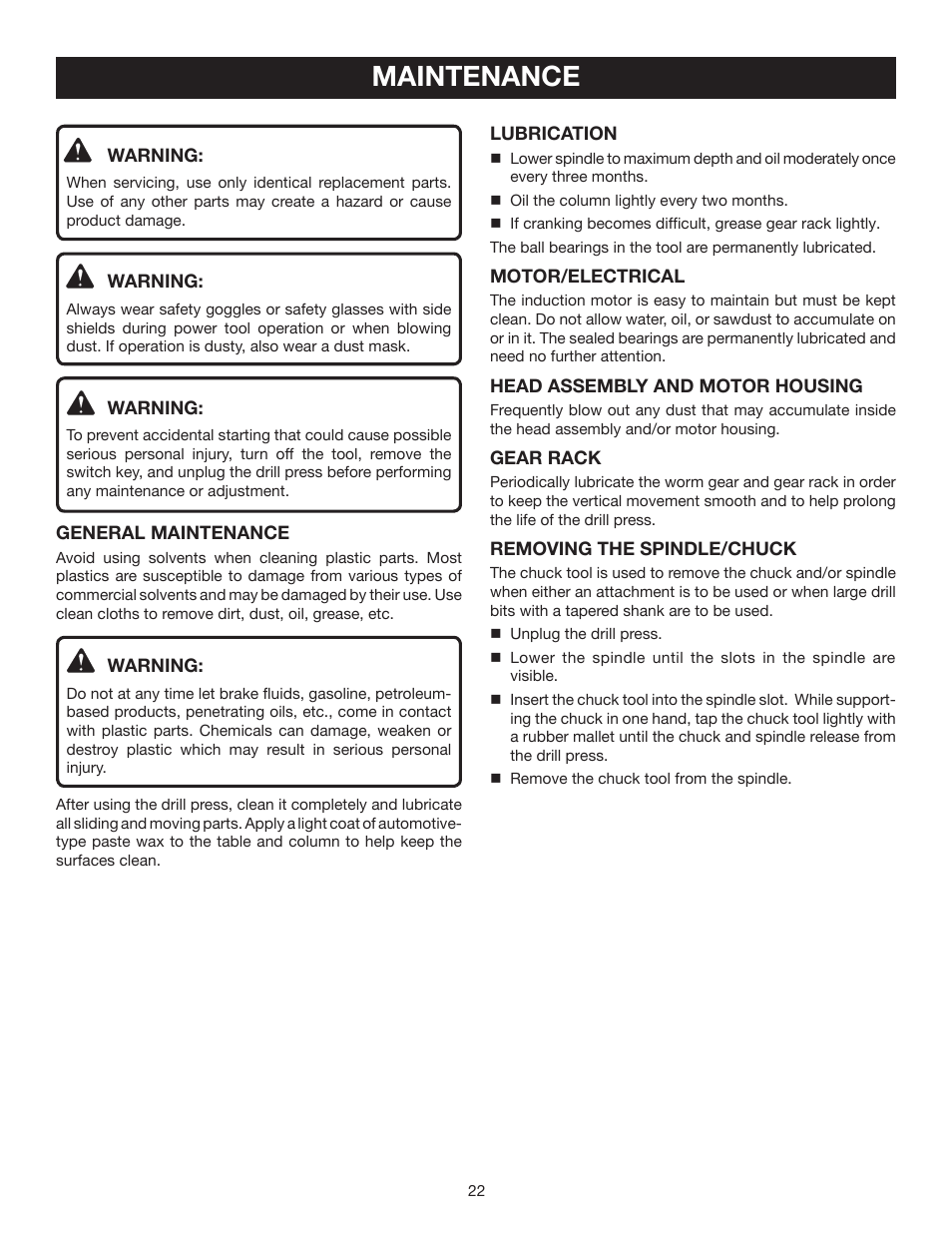 Maintenance | Ryobi DP121L User Manual | Page 22 / 24