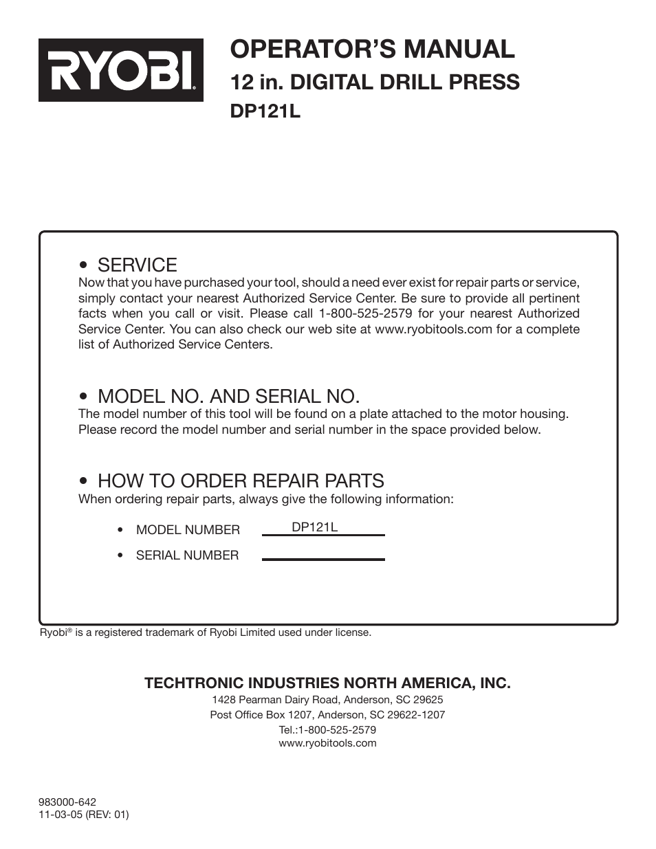 Operator’s manual, 12 in. digital drill press, Dp121l | Service, Model no. and serial no, How to order repair parts | Ryobi DP121L User Manual | Page 24 / 24