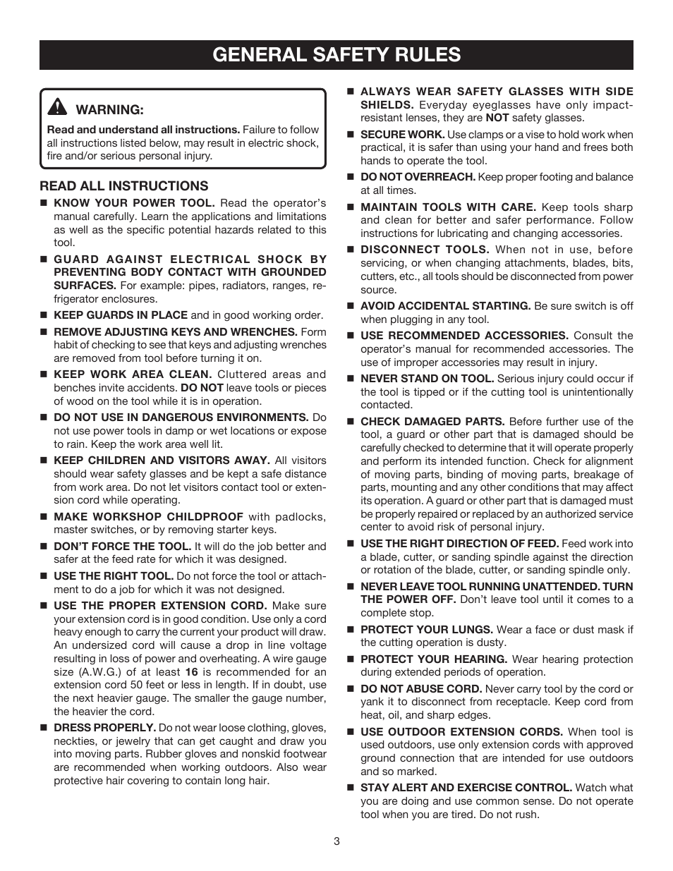 General safety rules | Ryobi DP121L User Manual | Page 3 / 24