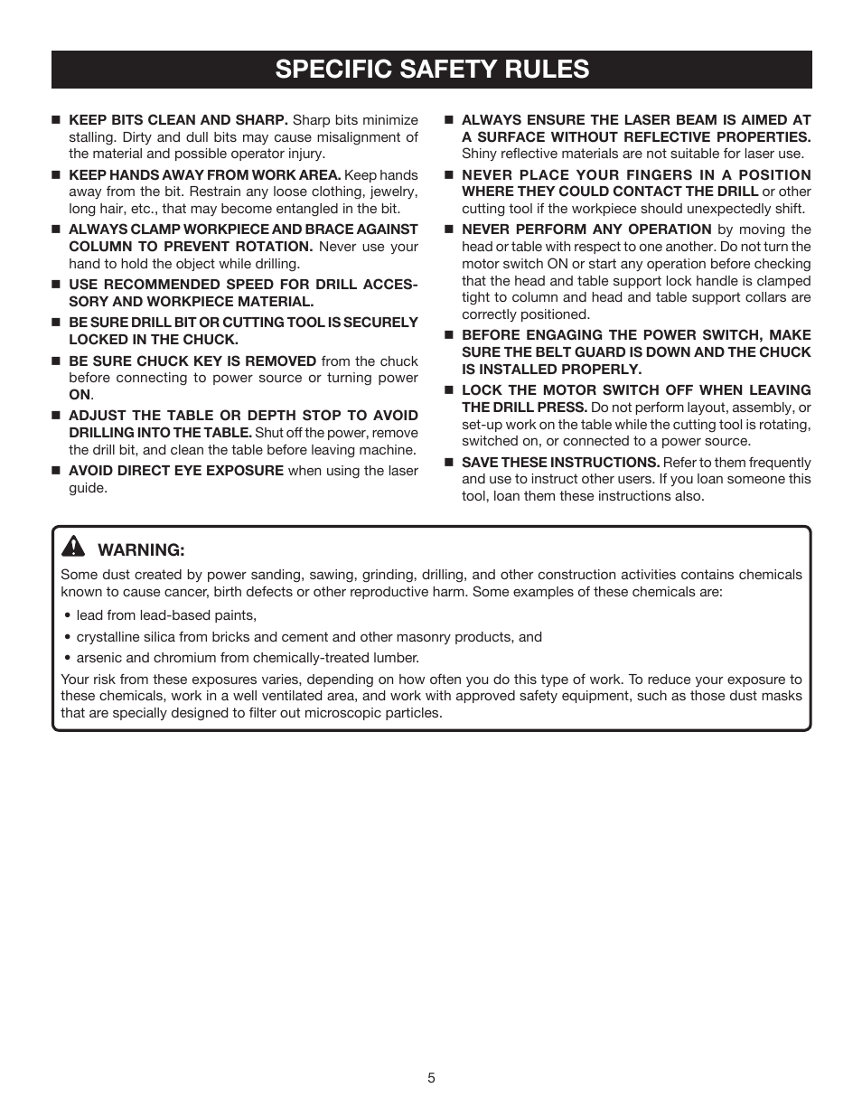 Specific safety rules | Ryobi DP121L User Manual | Page 5 / 24