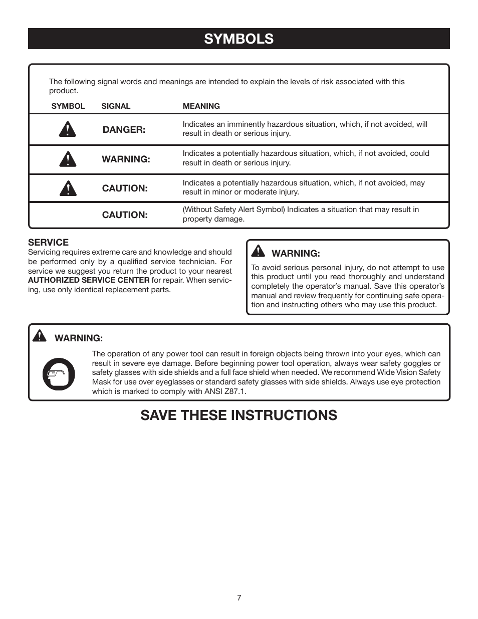 Symbols, Save these instructions | Ryobi DP121L User Manual | Page 7 / 24