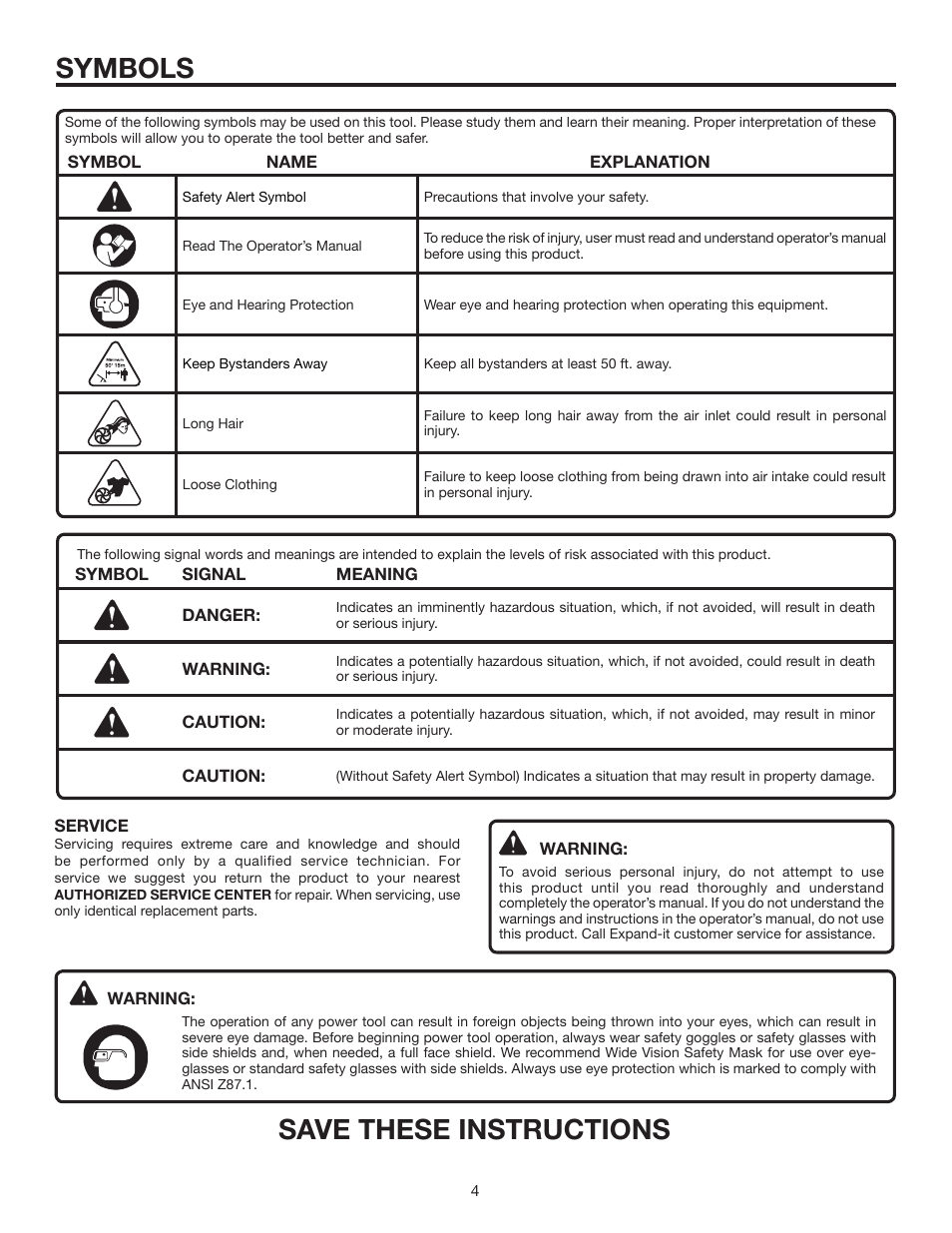 Symbols, Save these instructions | Ryobi Expand-it UT15519E User Manual | Page 4 / 12