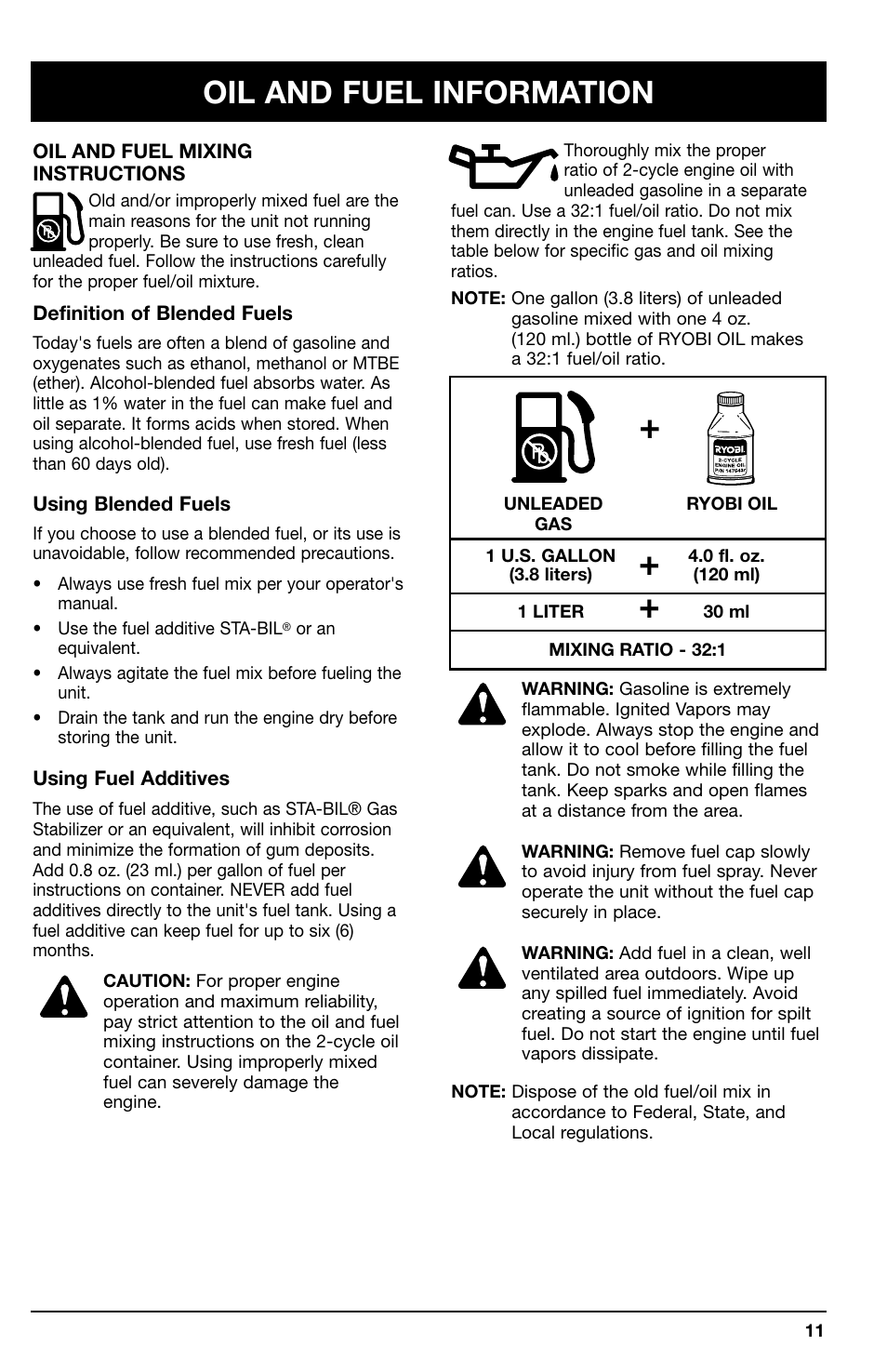 Oil and fuel information | Ryobi 725r User Manual | Page 11 / 26