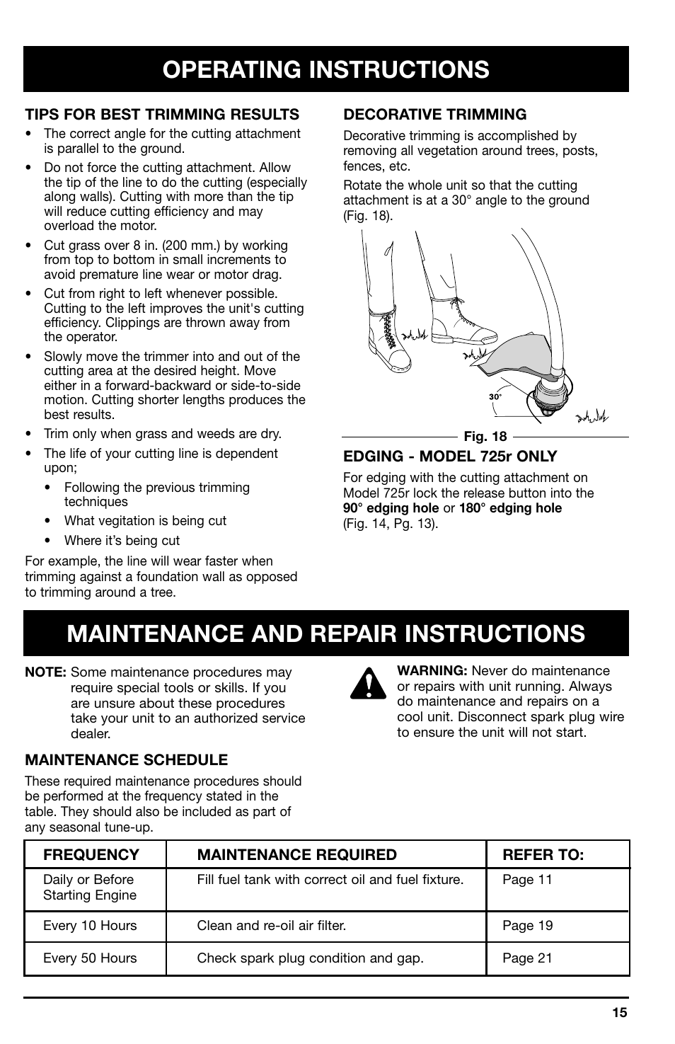 Operating instructions, Maintenance and repair instructions | Ryobi 725r User Manual | Page 15 / 26