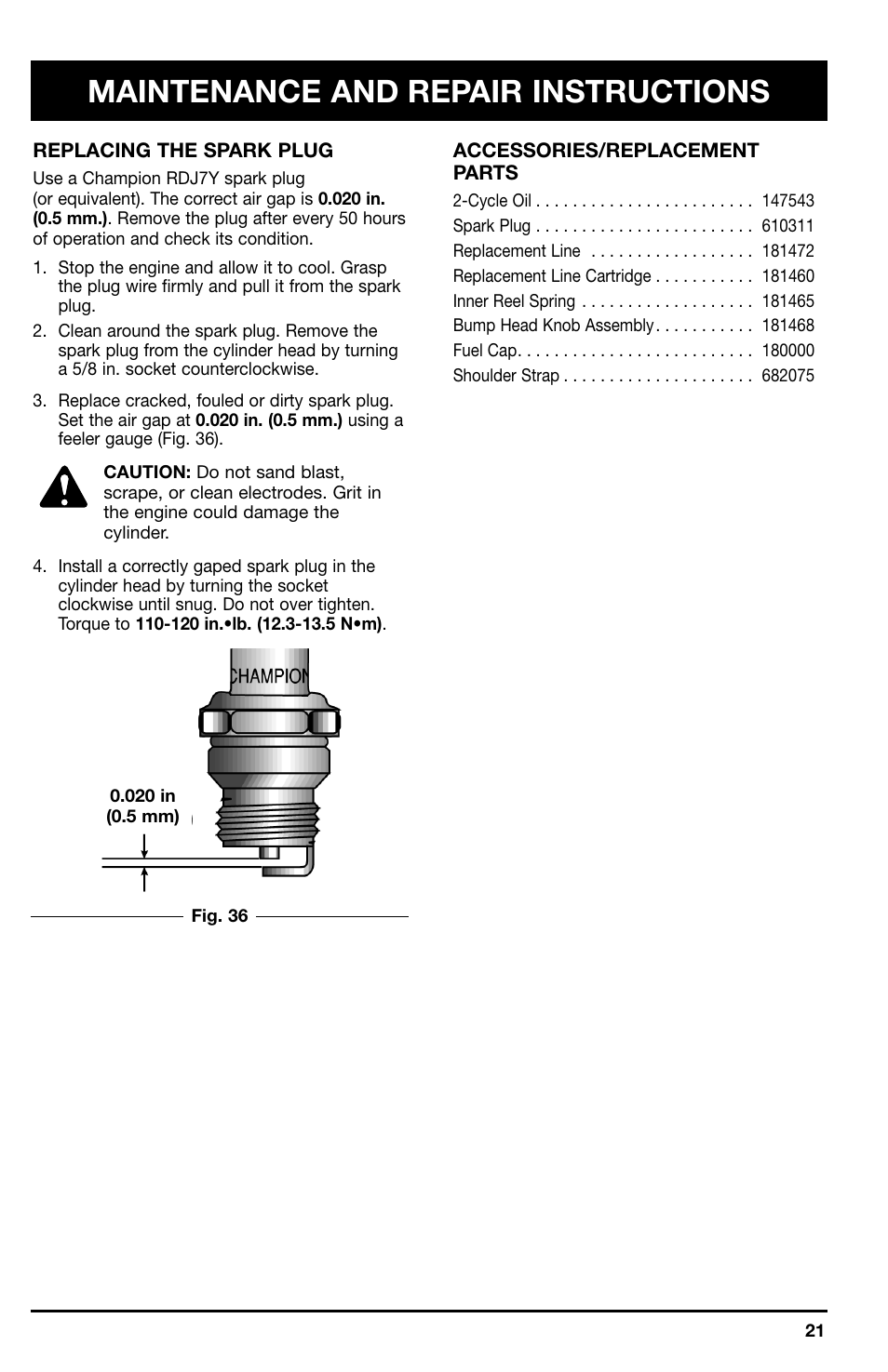 Maintenance and repair instructions | Ryobi 725r User Manual | Page 21 / 26