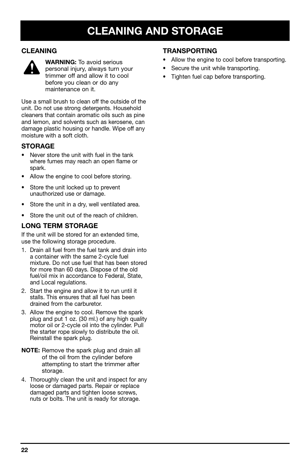 Cleaning and storage | Ryobi 725r User Manual | Page 22 / 26