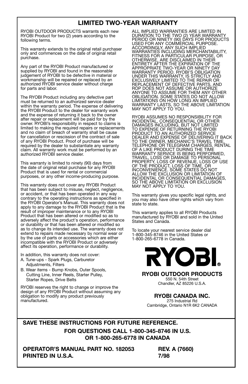 Limited two-year warranty | Ryobi 725r User Manual | Page 26 / 26