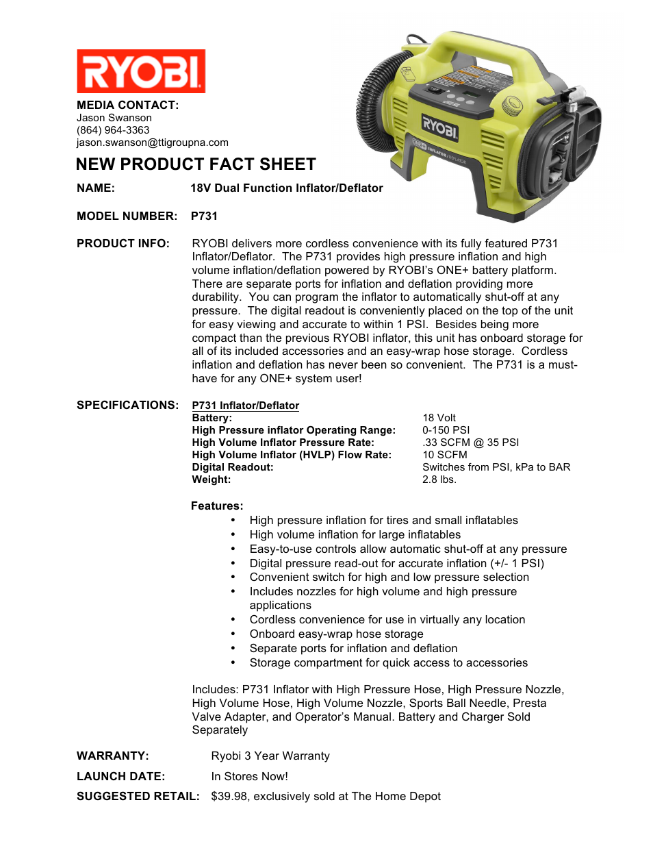 Ryobi P731 User Manual | 1 page