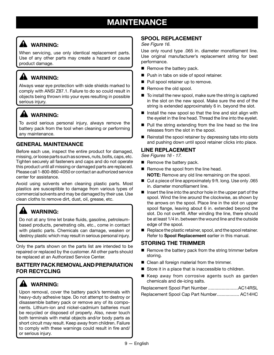 Maintenance | Ryobi RY24200 User Manual | Page 11 / 34