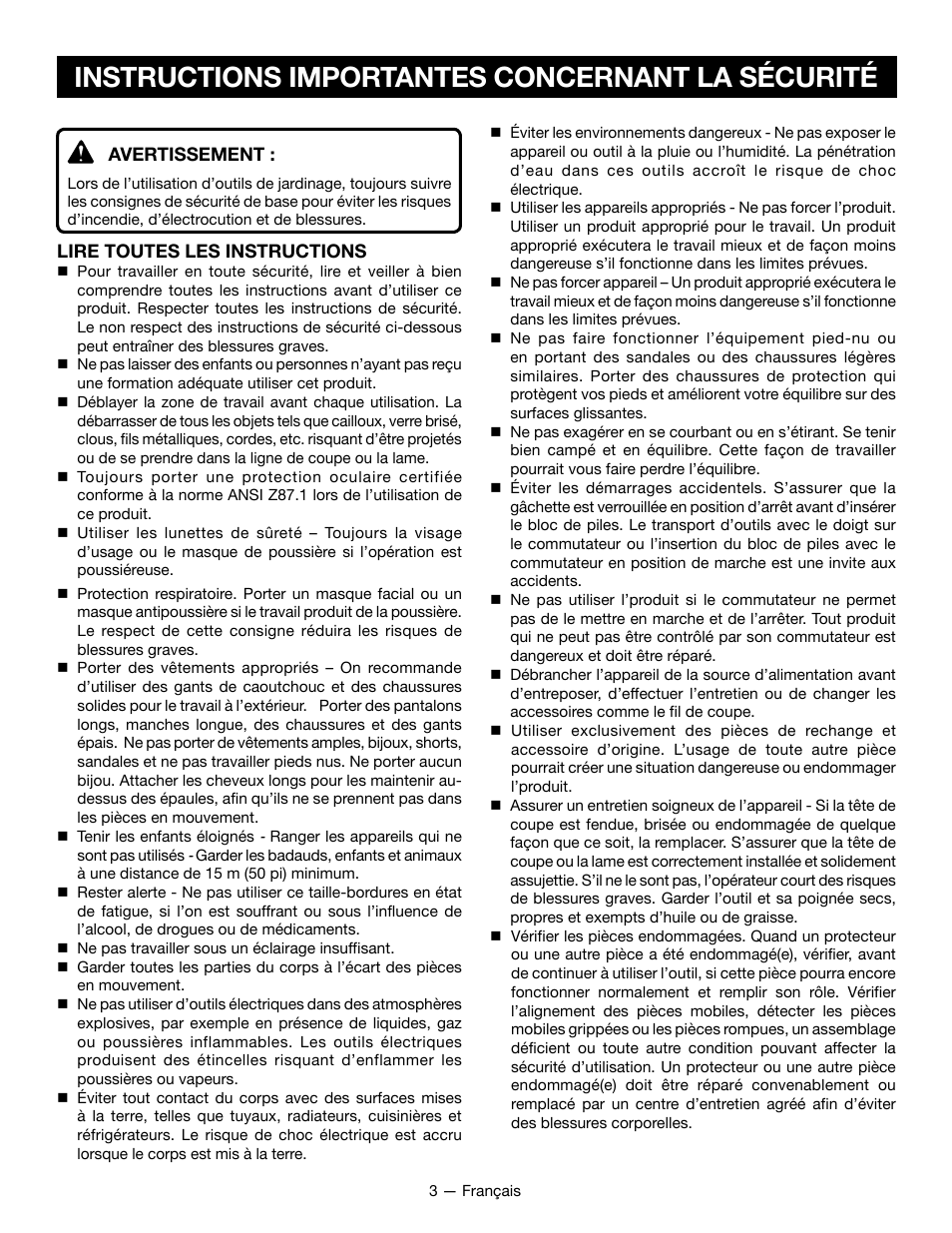 Instructions importantes concernant la sécurité | Ryobi RY24200 User Manual | Page 14 / 34