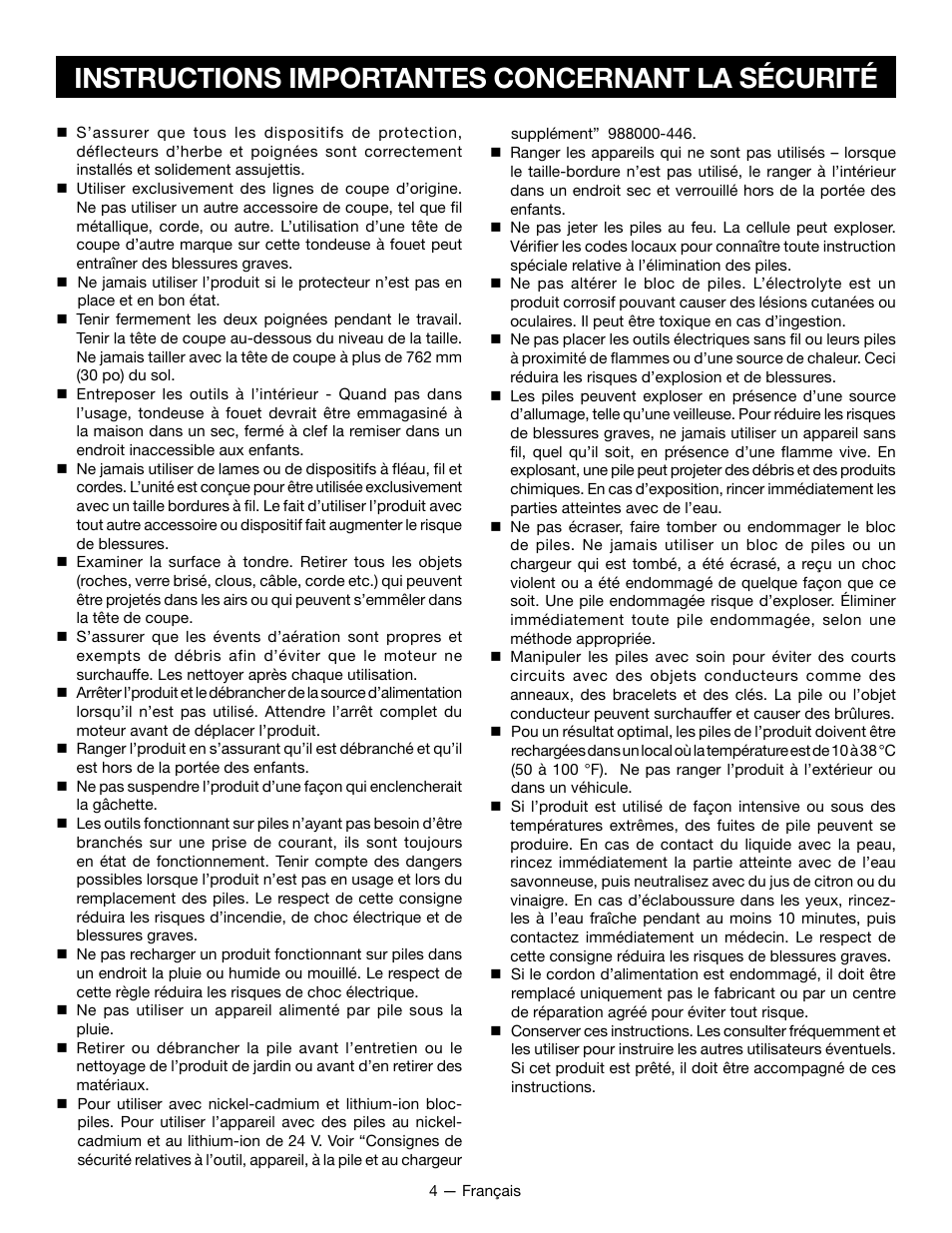 Instructions importantes concernant la sécurité | Ryobi RY24200 User Manual | Page 15 / 34