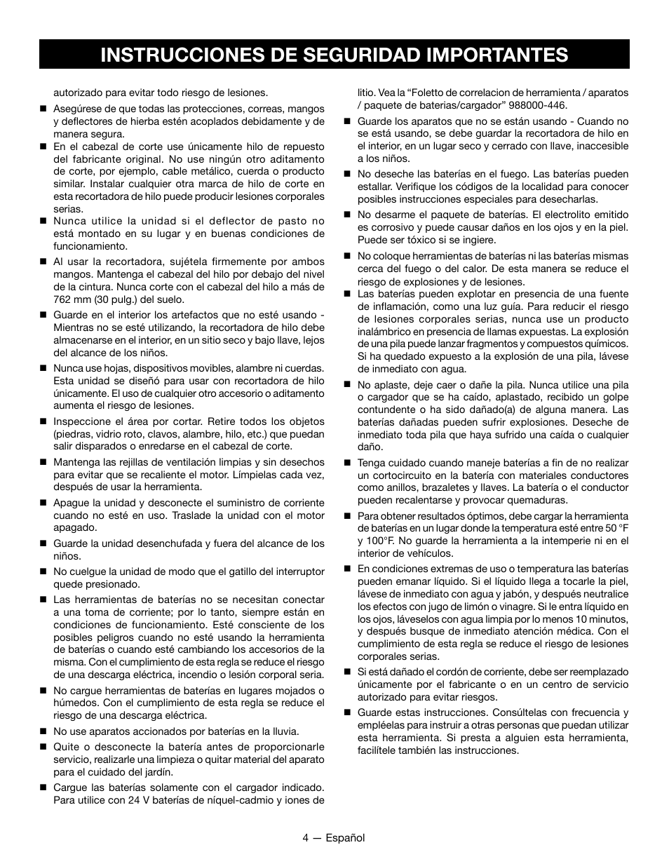 Instrucciones de seguridad importantes | Ryobi RY24200 User Manual | Page 25 / 34
