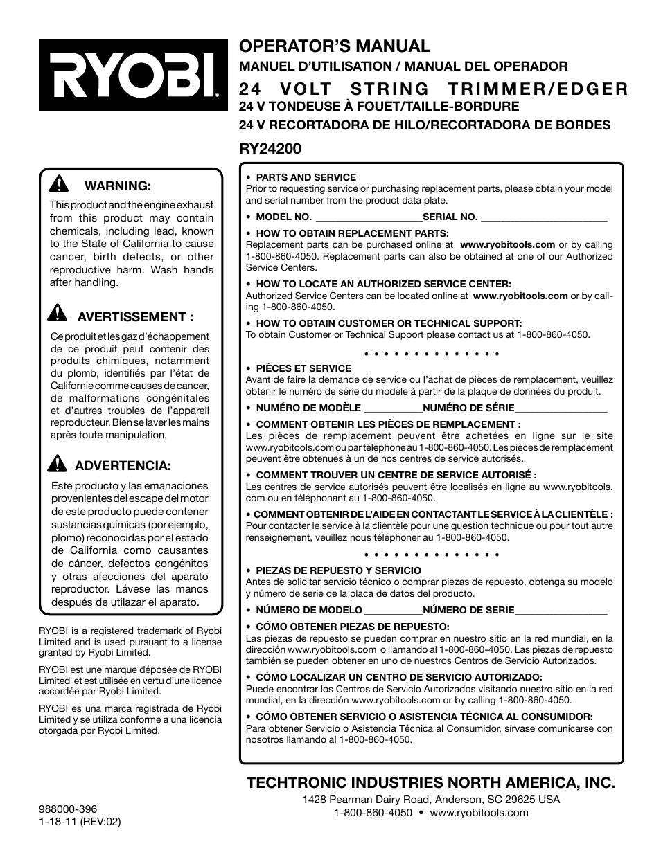 Operator’s manual, Techtronic industries north america, inc | Ryobi RY24200 User Manual | Page 34 / 34