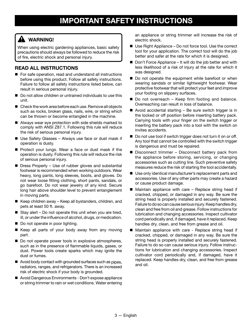Important safety instructions | Ryobi RY24200 User Manual | Page 5 / 34