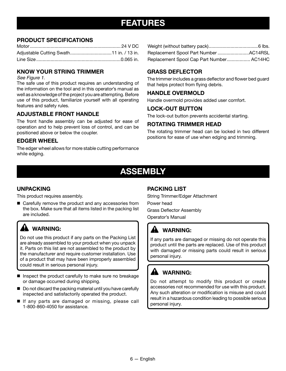 Features, Assembly | Ryobi RY24200 User Manual | Page 8 / 34