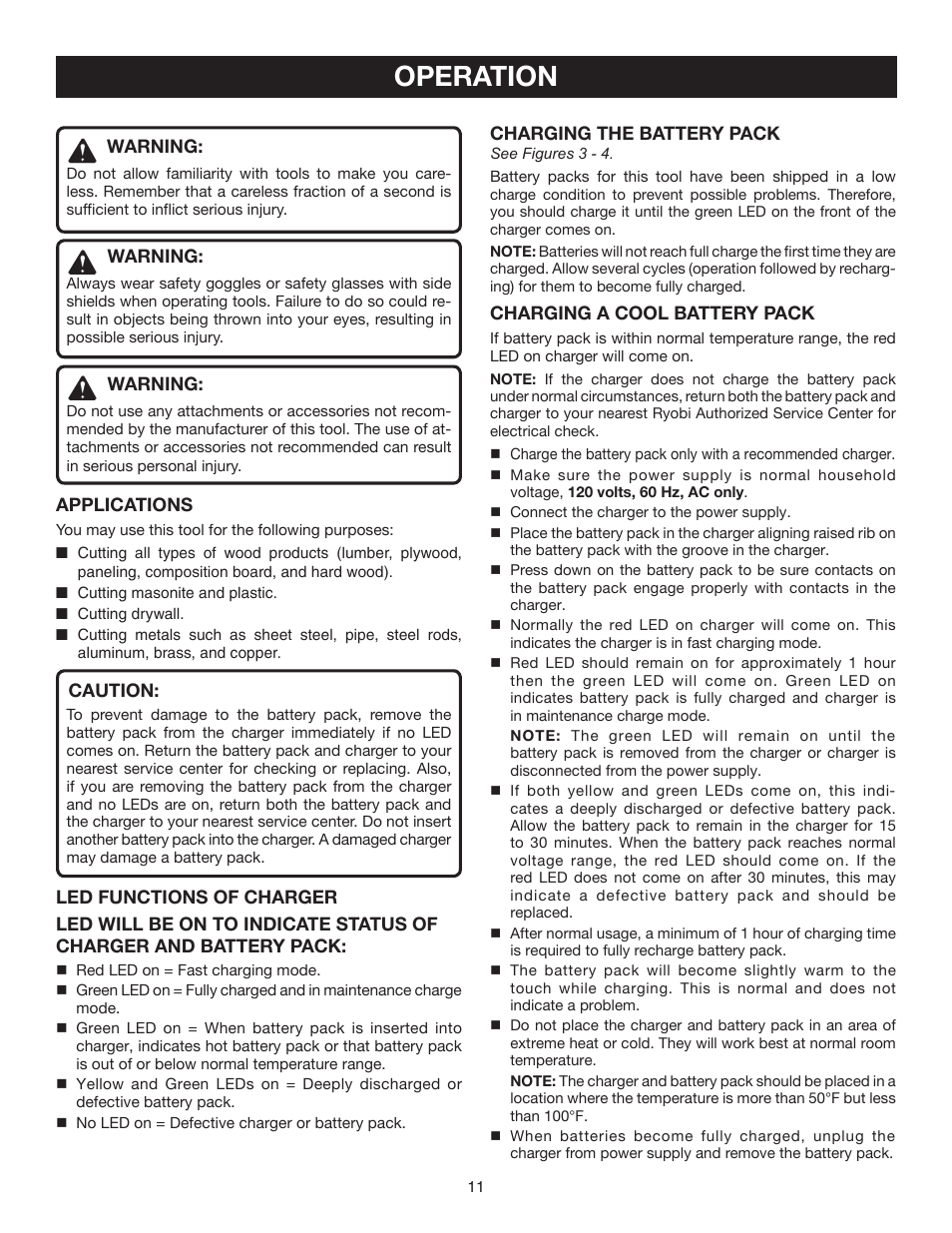 Operation | Ryobi P510 User Manual | Page 11 / 16