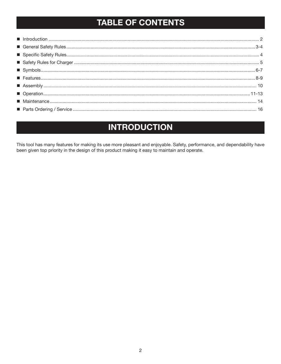 Table of contents introduction | Ryobi P510 User Manual | Page 2 / 16
