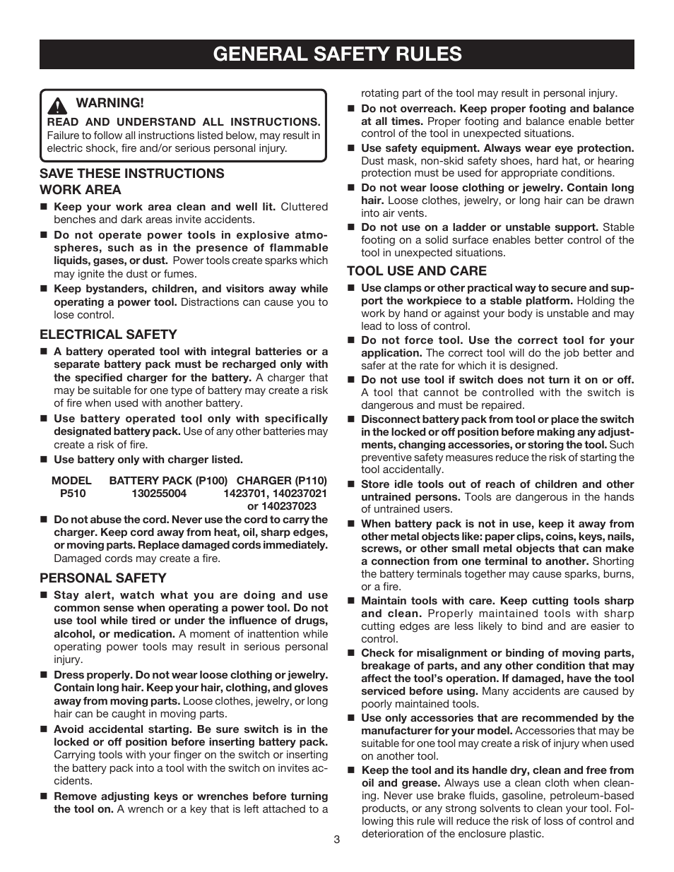 General safety rules | Ryobi P510 User Manual | Page 3 / 16