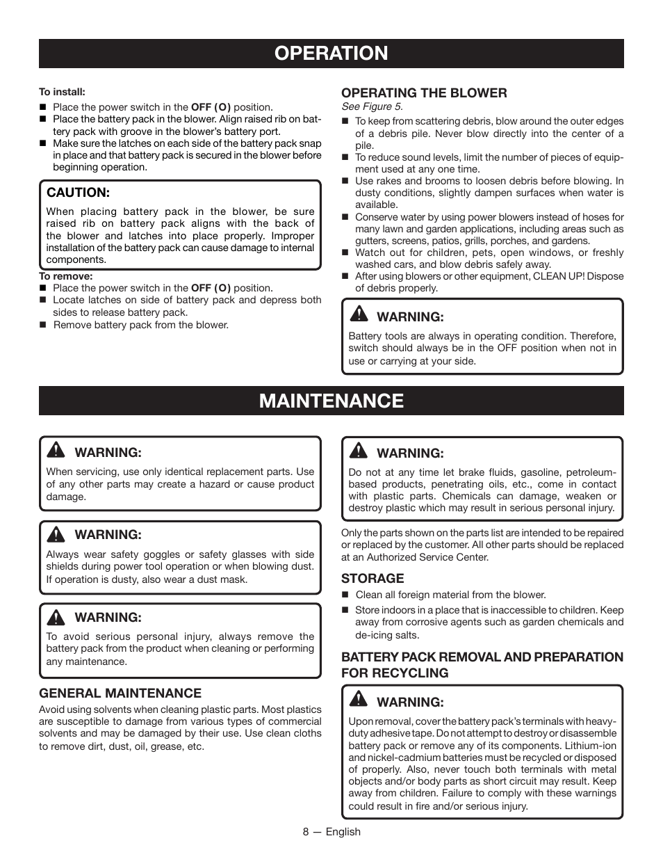 Operation maintenance | Ryobi P2101 User Manual | Page 10 / 26