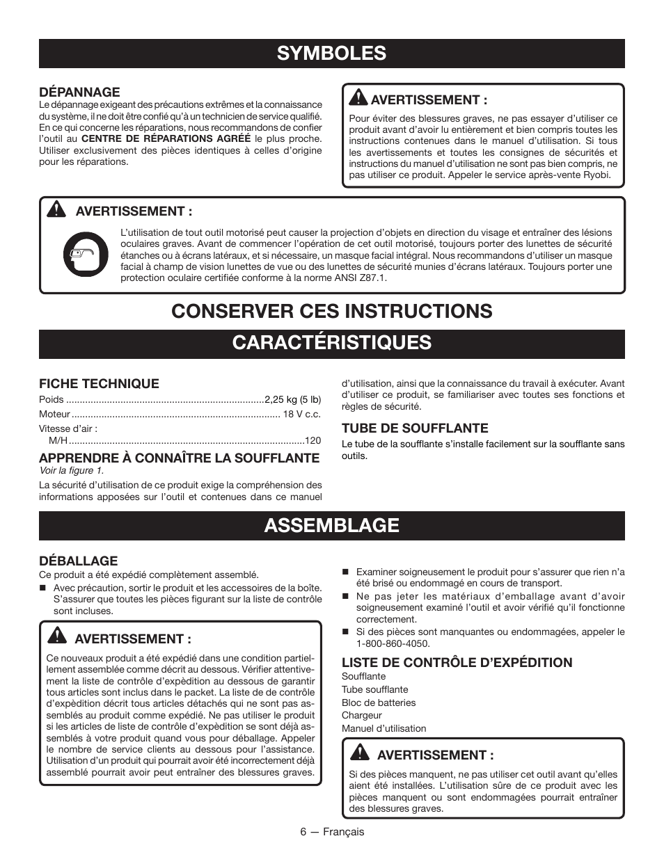 Caractéristiques symboles, Conserver ces instructions, Assemblage | Ryobi P2101 User Manual | Page 15 / 26
