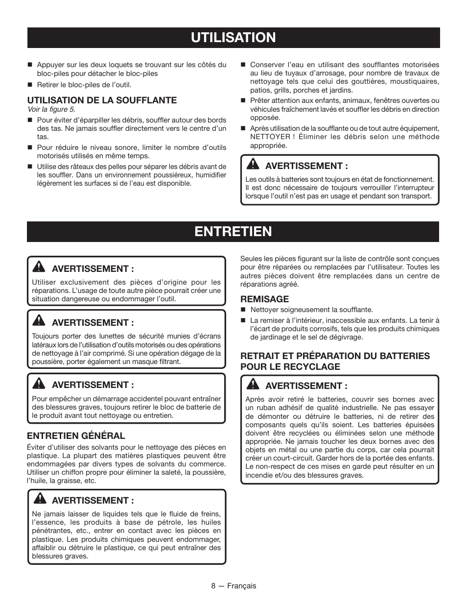 Utilisation, Entretien | Ryobi P2101 User Manual | Page 17 / 26
