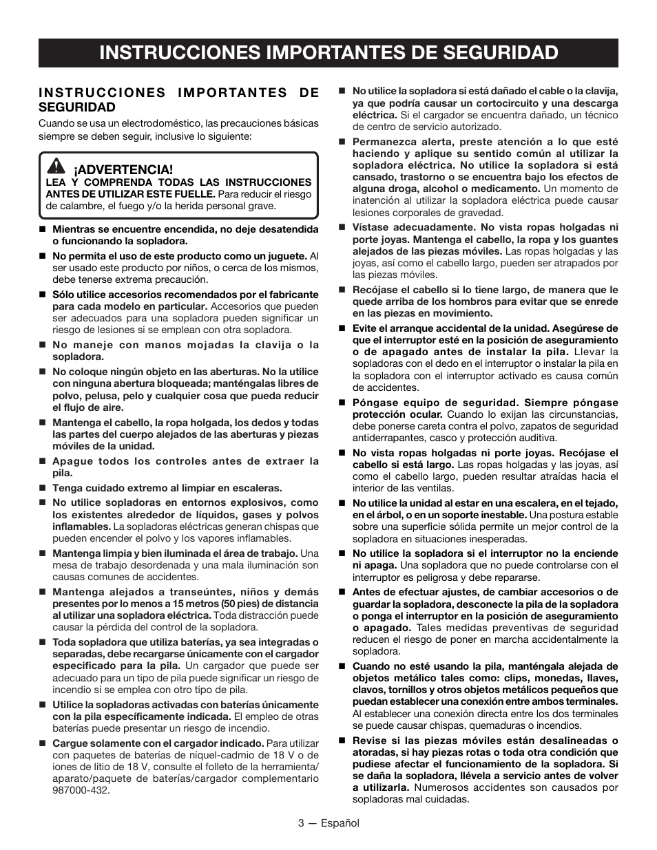 Instrucciones importantes de seguridad, Advertencia | Ryobi P2101 User Manual | Page 19 / 26