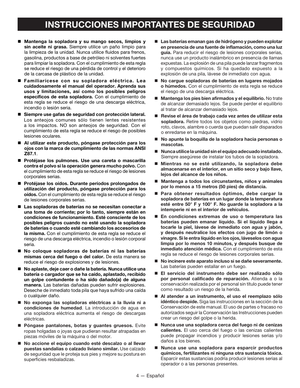 Instrucciones importantes de seguridad | Ryobi P2101 User Manual | Page 20 / 26