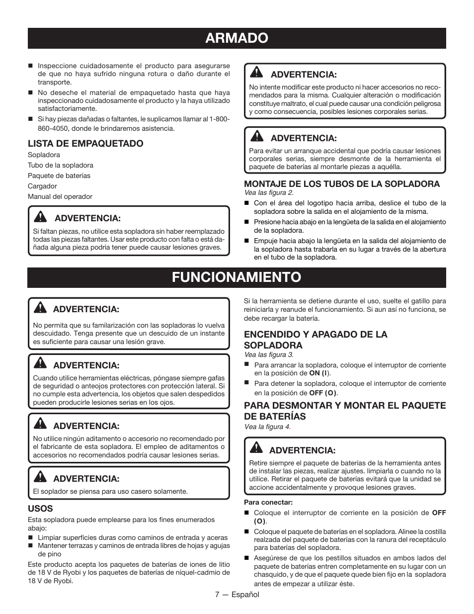 Armado, Funcionamiento | Ryobi P2101 User Manual | Page 23 / 26