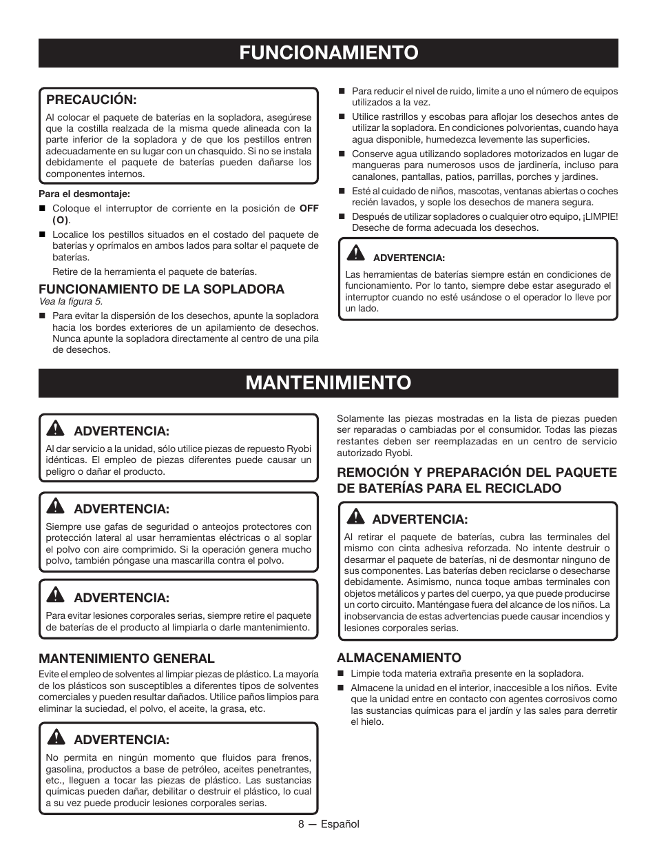 Funcionamiento, Mantenimiento | Ryobi P2101 User Manual | Page 24 / 26