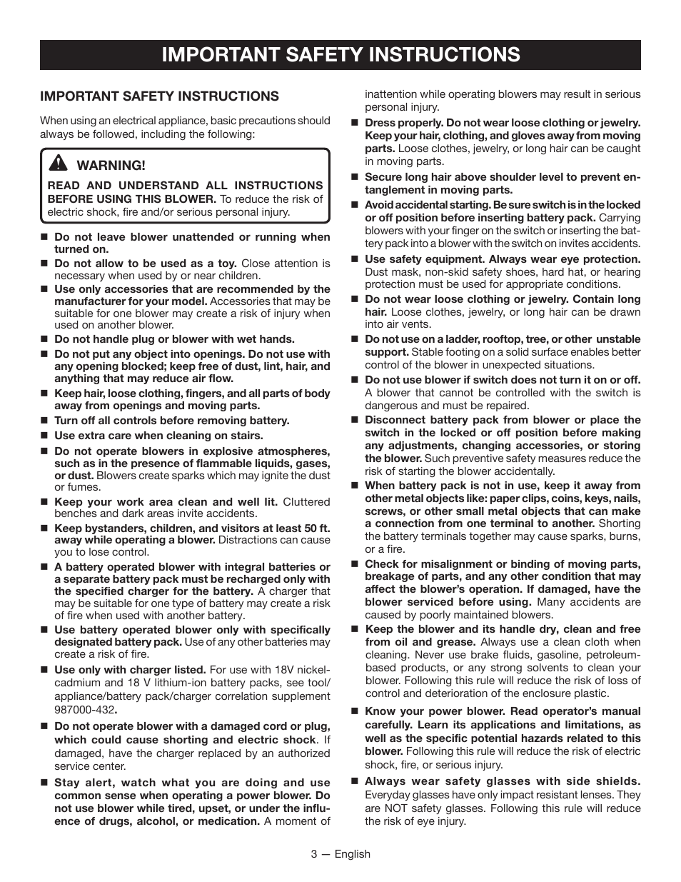 Important safety instructions | Ryobi P2101 User Manual | Page 5 / 26