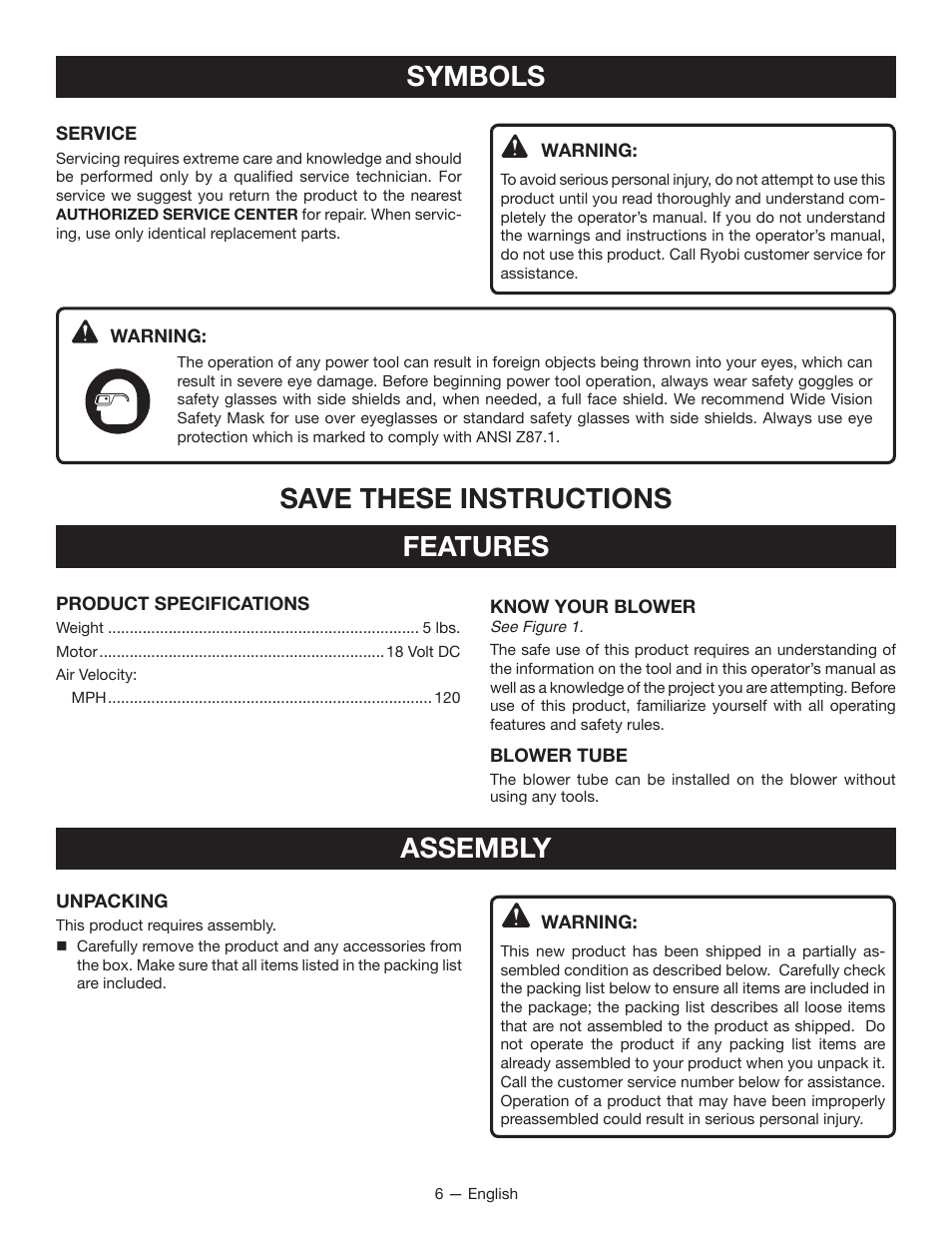 Symbols, Save these instructions, Features assembly | Ryobi P2101 User Manual | Page 8 / 26