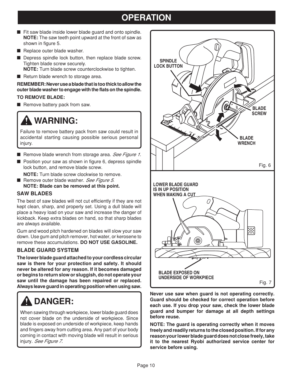 Warning, Danger, Operation | Saw blades, Blade guard system | Ryobi RY6201 User Manual | Page 10 / 20