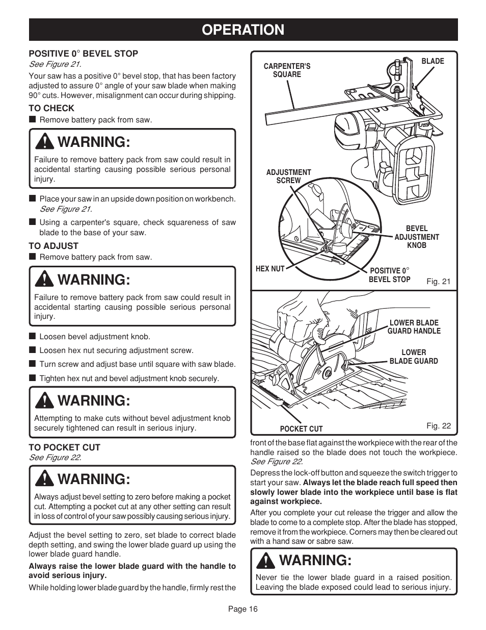 Warning, Operation | Ryobi RY6201 User Manual | Page 16 / 20