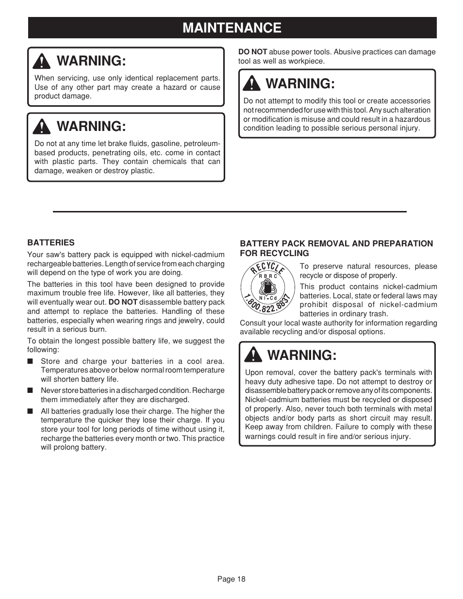 Warning, Maintenance | Ryobi RY6201 User Manual | Page 18 / 20