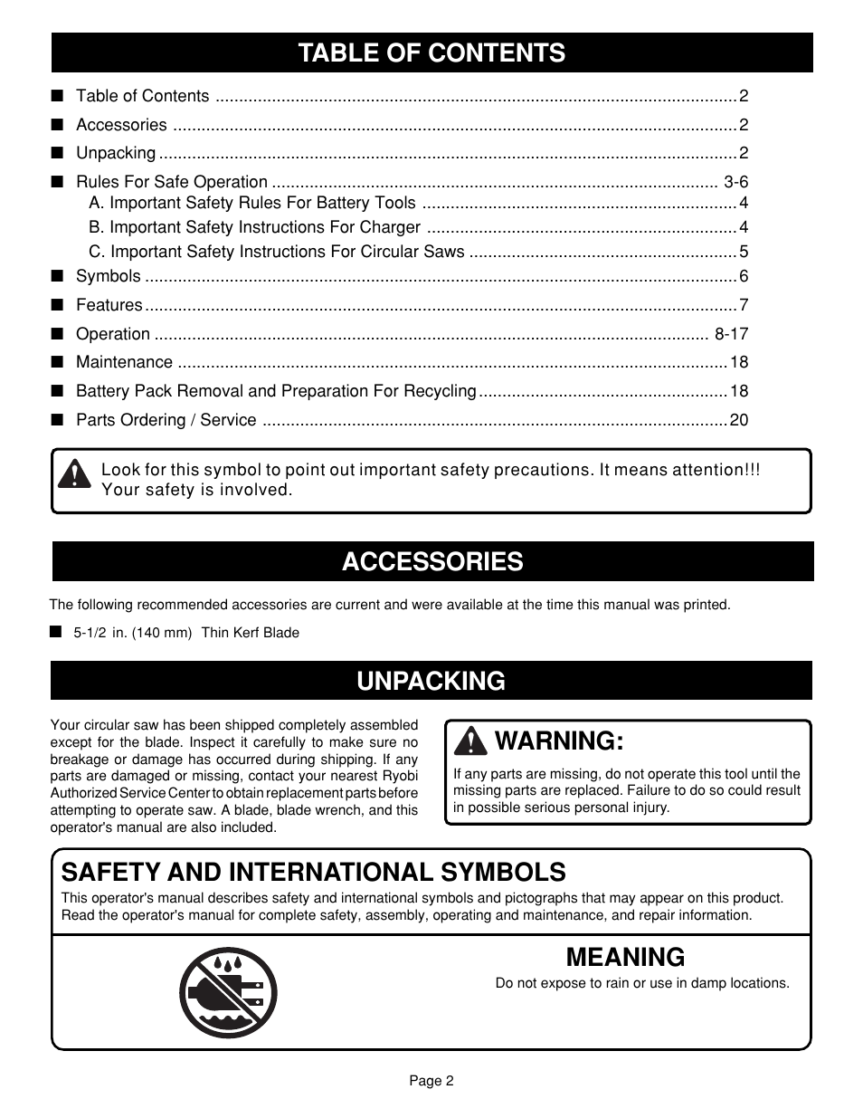 Warning, Safety and international symbols, Meaning | Table of contents accessories unpacking | Ryobi RY6201 User Manual | Page 2 / 20