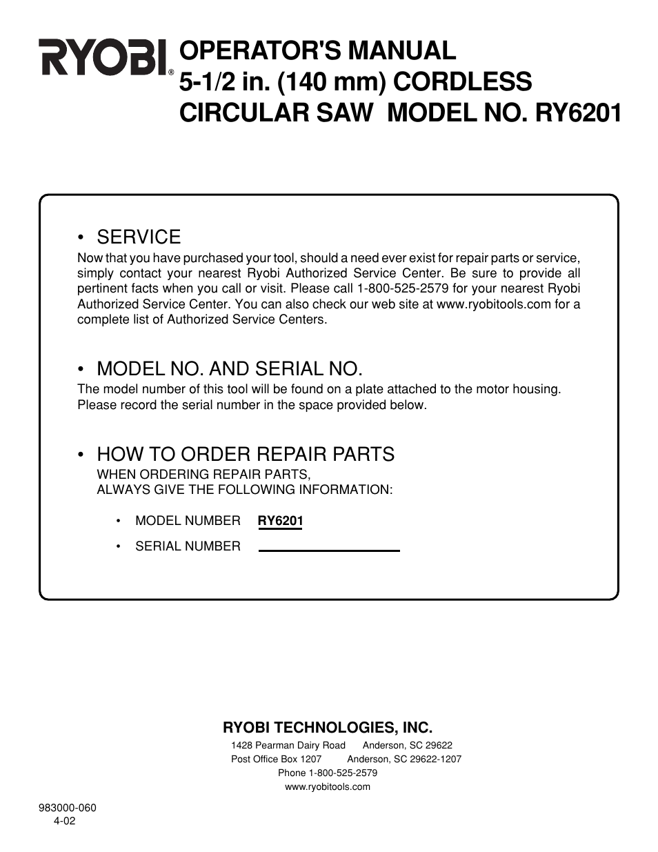 Service, Model no. and serial no, How to order repair parts | Ryobi RY6201 User Manual | Page 20 / 20