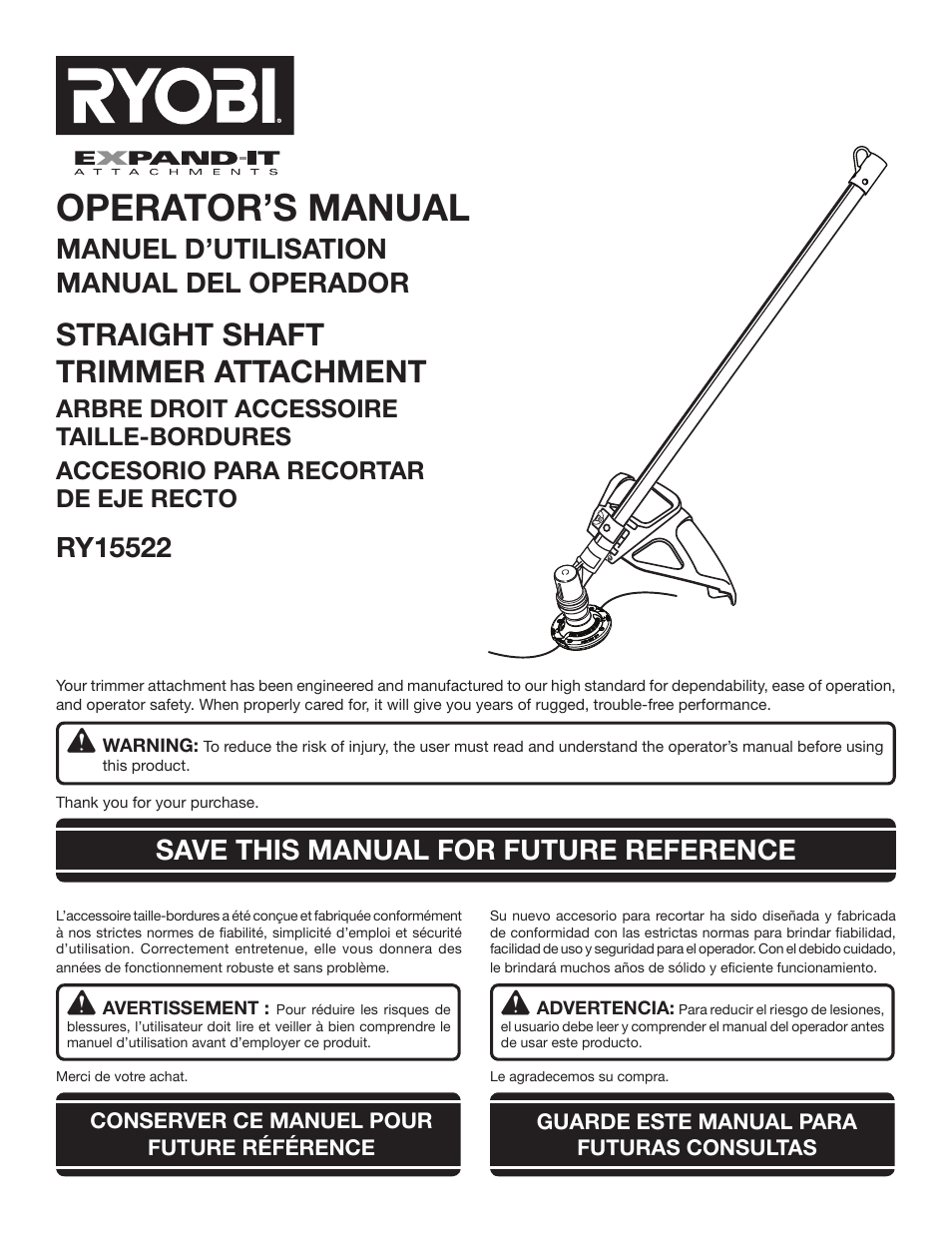 Ryobi RY15522 User Manual | 30 pages