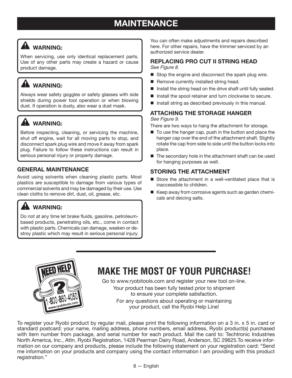 Make the most of your purchase, Maintenance | Ryobi RY15522 User Manual | Page 10 / 30
