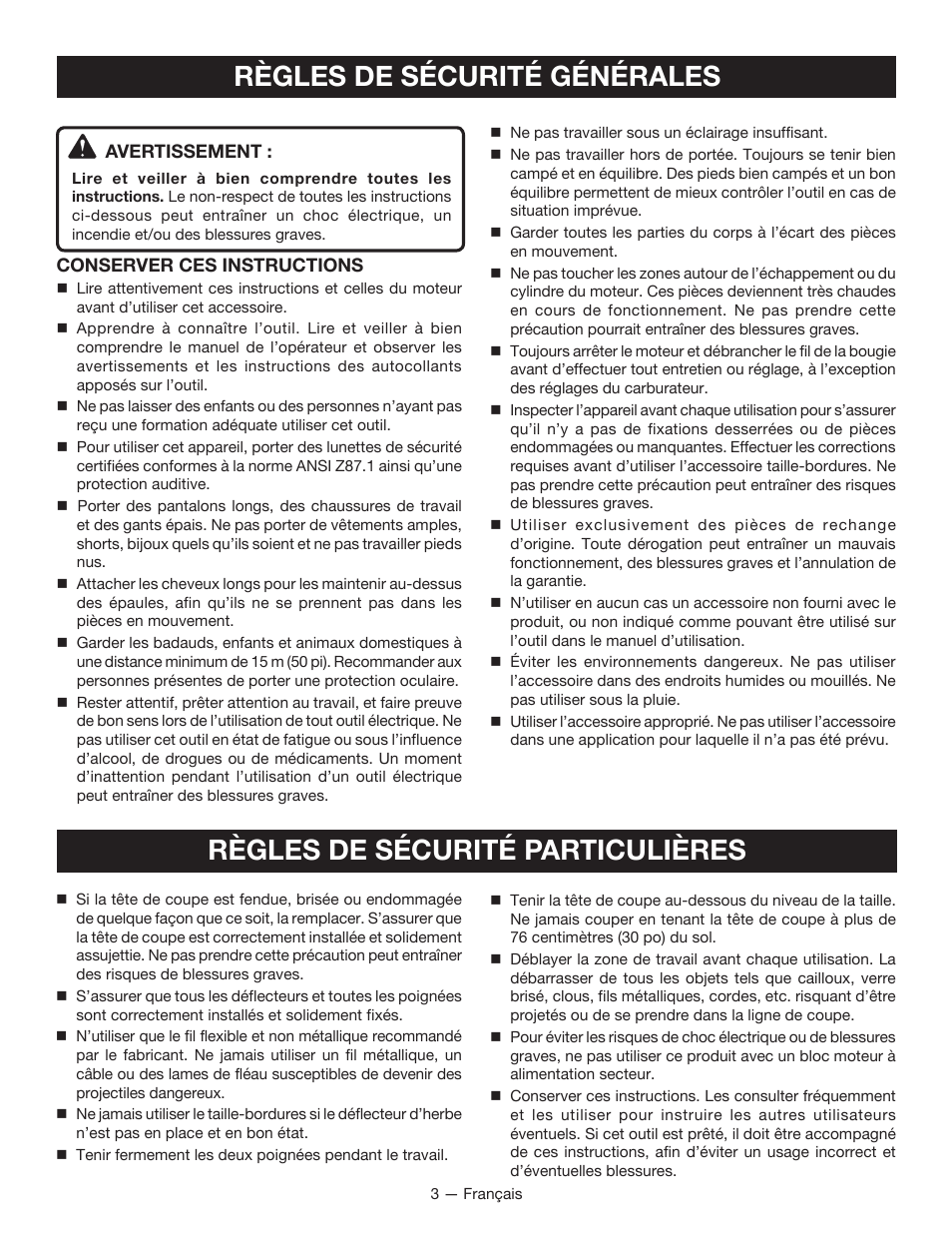 Règles de sécurité générales, Règles de sécurité particulières | Ryobi RY15522 User Manual | Page 12 / 30