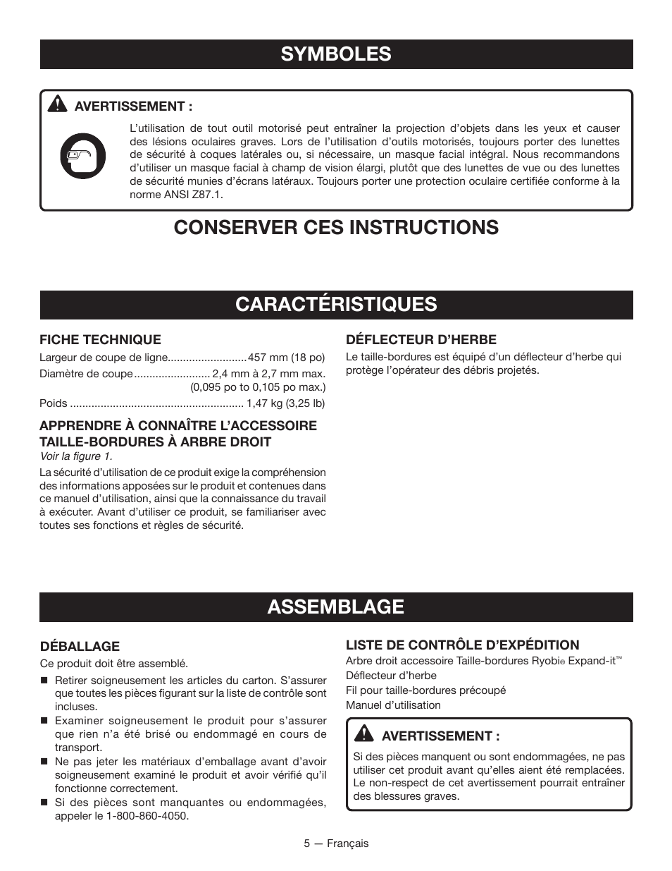 Symboles, Conserver ces instructions, Caractéristiques | Assemblage | Ryobi RY15522 User Manual | Page 14 / 30