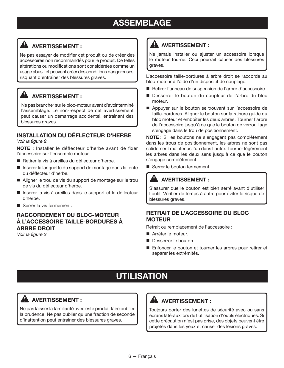 Assemblage, Utilisation | Ryobi RY15522 User Manual | Page 15 / 30